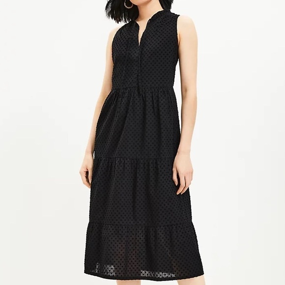 LOFT Dresses & Skirts - LOFT Women XXS Black Swiss Dot Sleeveless Tie Neck Tiered Midi Swing Dress